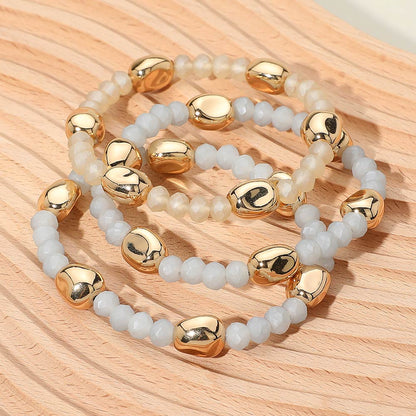 3PCS - Worn Metal Pebble Beaded Stretch Multi Layered Bracelets