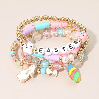 5PCS - EASTER Bunny Egg Bow Charm Beaded Stretch Multi Layered Bracelets