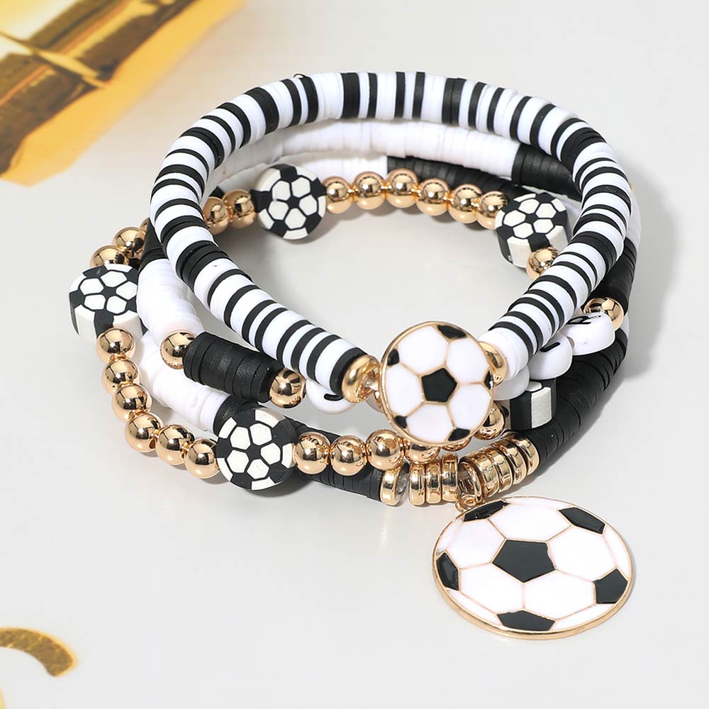 4PCS - Soccer Charm Heishi Beaded Stretch Multi Layered Bracelets