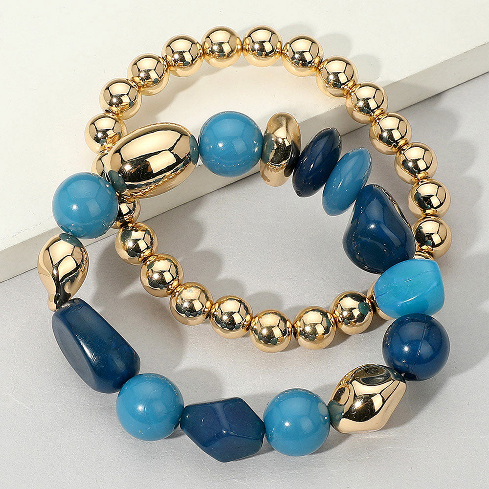 2PCS - Colorful Pebble Beaded Stretch Multi Layered Bracelets