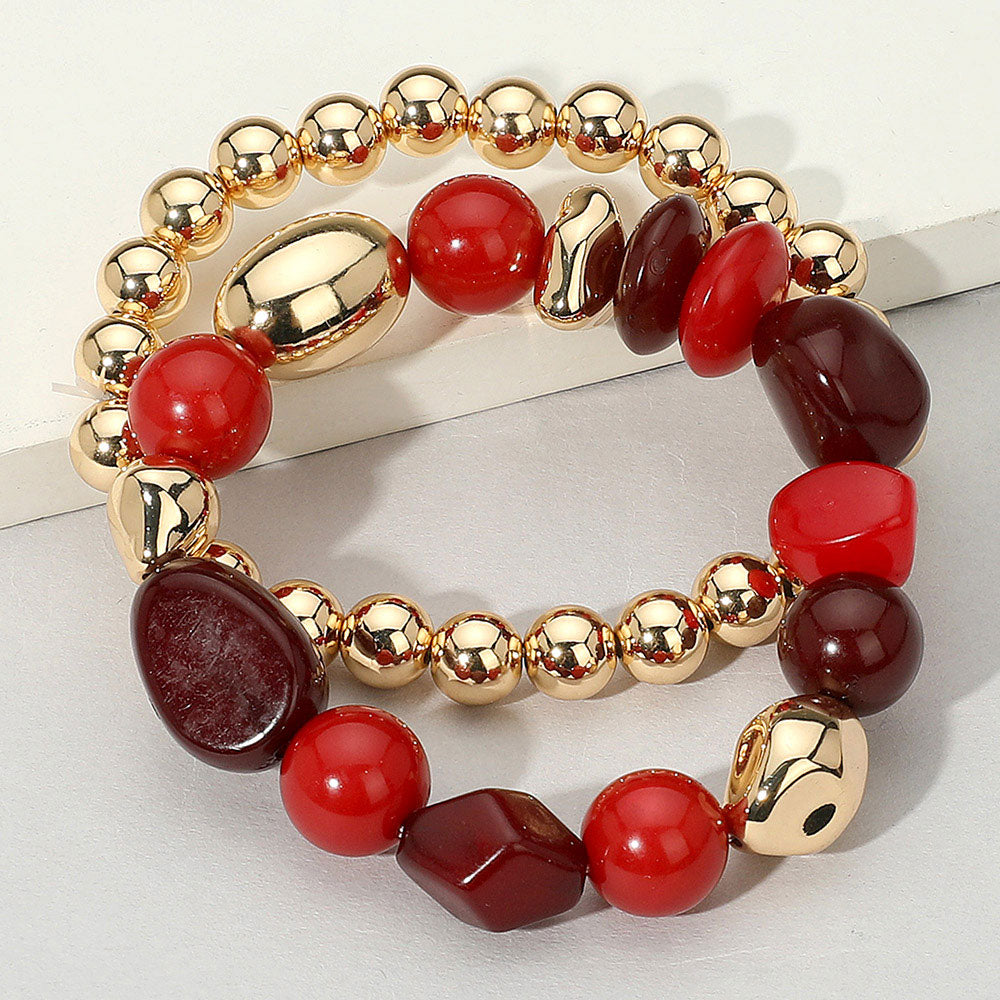 2PCS - Colorful Pebble Beaded Stretch Multi Layered Bracelets