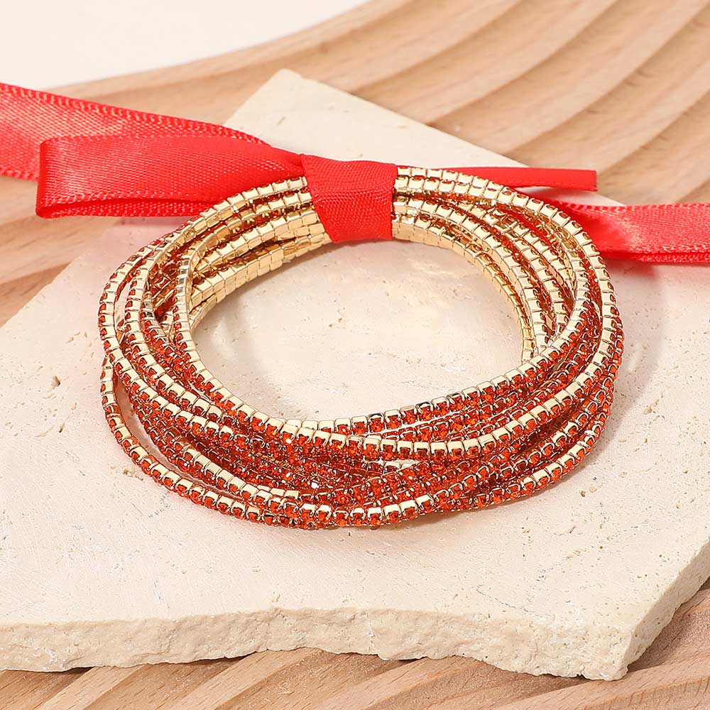 12PCS - Ribbon Slim Rhinestone Stretch Multi Layered Bracelet