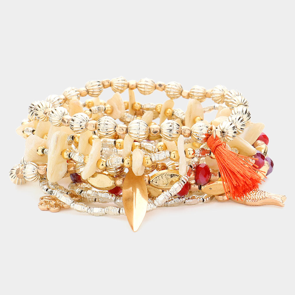 10PCS - Swirl Metal Disc Tassel Charm Mother Of Pearl Beaded Fish Flower Charms Stretch Multi Layered Bracelets