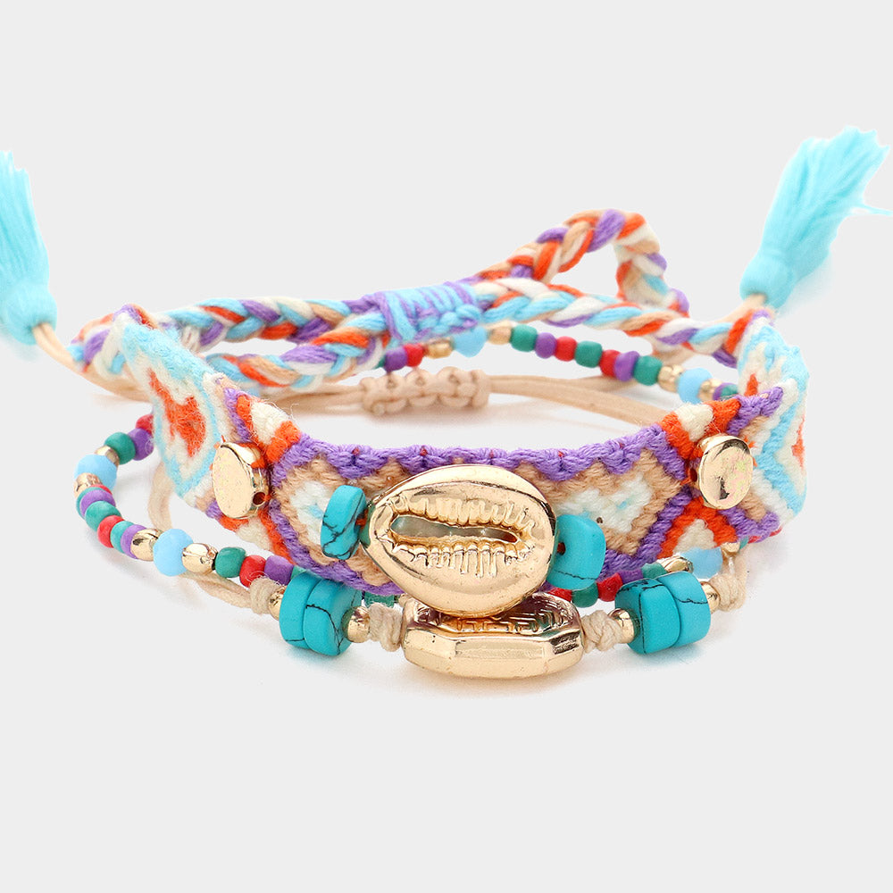 3PCS - Metal Puka Shell Pointed Aztec Pattern Thread Braided Metal Charm Pointed Adjustable Multi Beaded Stretch Bracelets