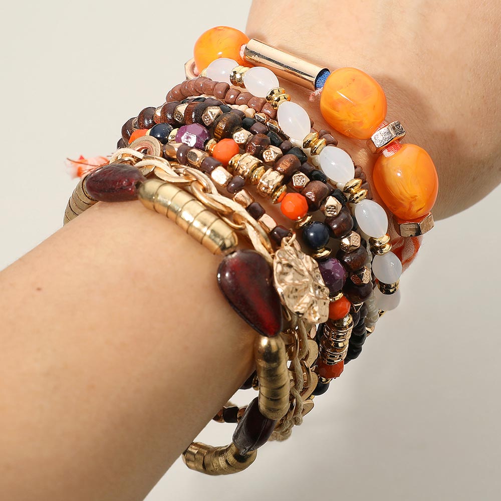 10PCS - Vibrant Boho Tassel Charm Beaded Stretch Adjustable Multi Layered Bracelets