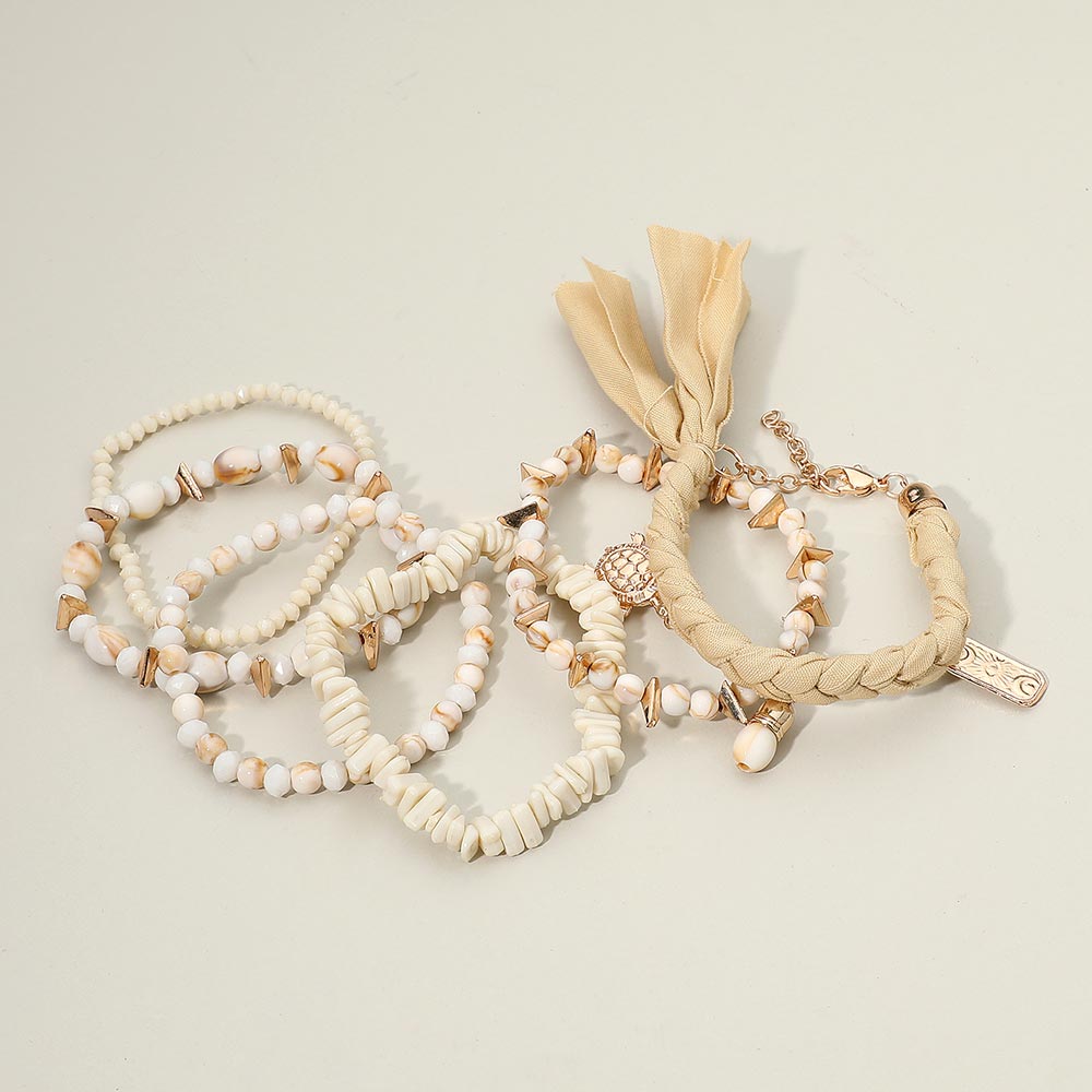 6PCS - Boho Turtle Beach Theme Charm Beaded Stretch Multi Layered Bracelets