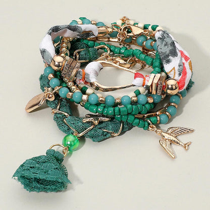7PCS - Boho Bird Starfish Lace Tassel Charm Beaded Stretch Multi Layered Bracelets