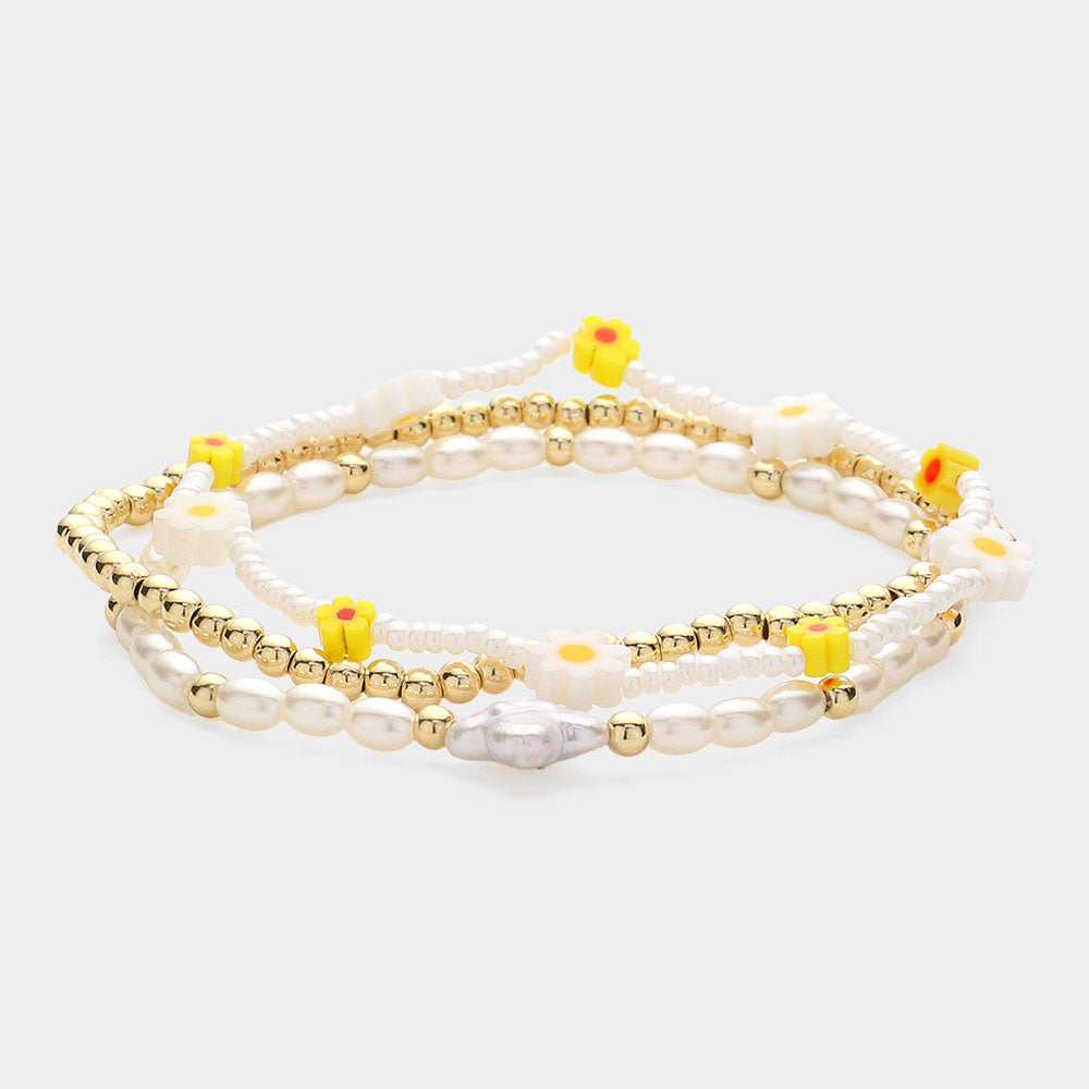 3PCS - Mother Of Pearl Flower Quatrefoil Pointed Beaded Multi Layered Bracelets