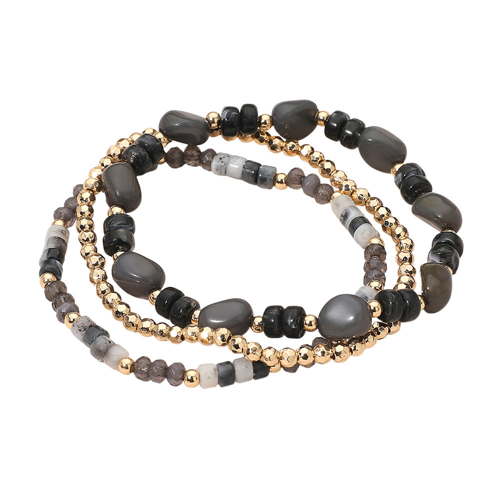 3PCS - Resin Pebble Metal Ball Beaded Stretch Multi Layered Bracelets