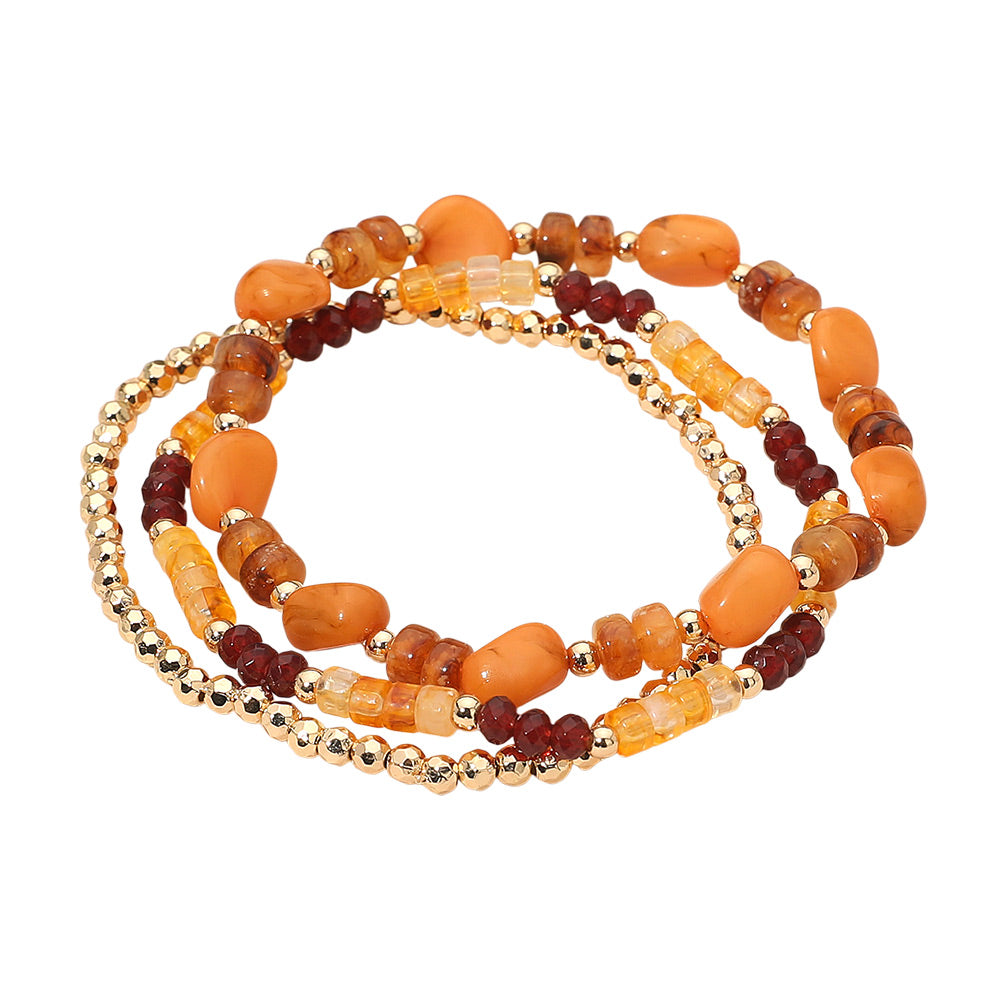 3PCS - Resin Pebble Metal Ball Beaded Stretch Multi Layered Bracelets