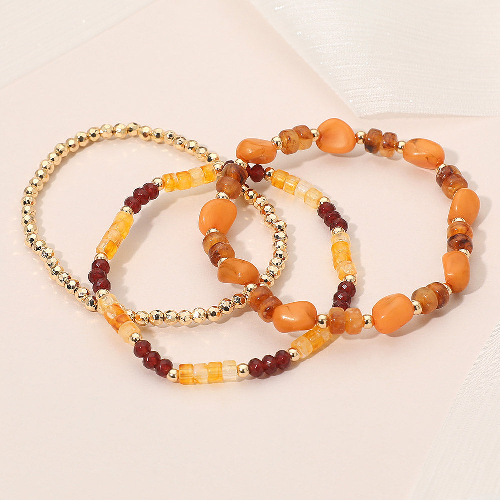 3PCS - Resin Pebble Metal Ball Beaded Stretch Multi Layered Bracelets