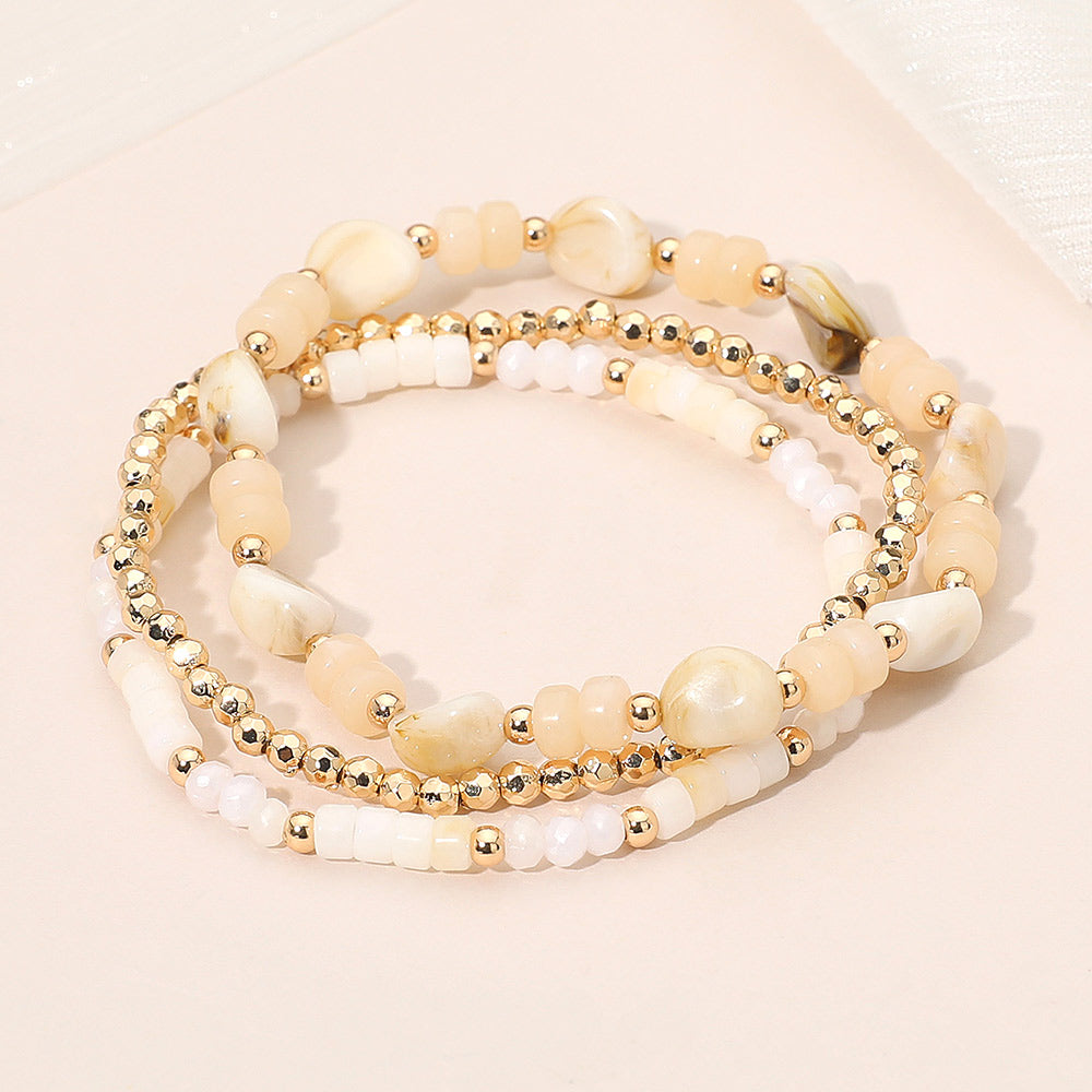 3PCS - Resin Pebble Metal Ball Beaded Stretch Multi Layered Bracelets