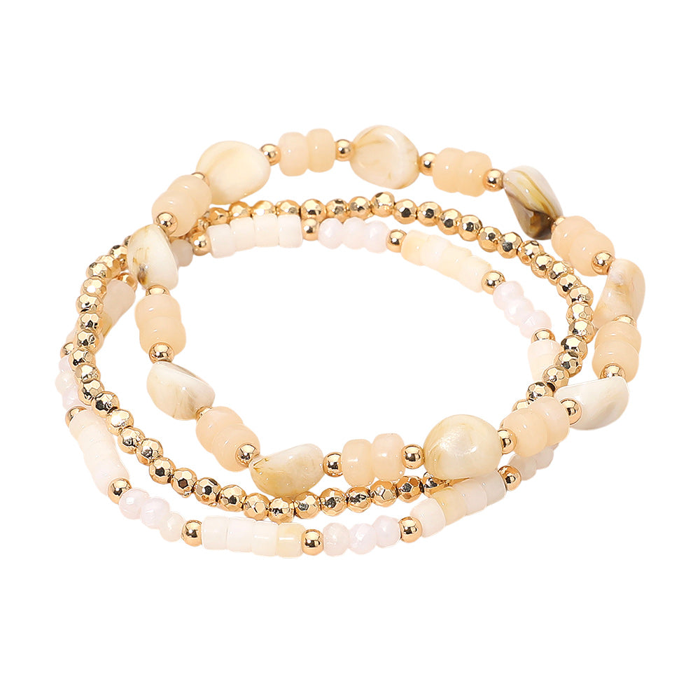 3PCS - Resin Pebble Metal Ball Beaded Stretch Multi Layered Bracelets