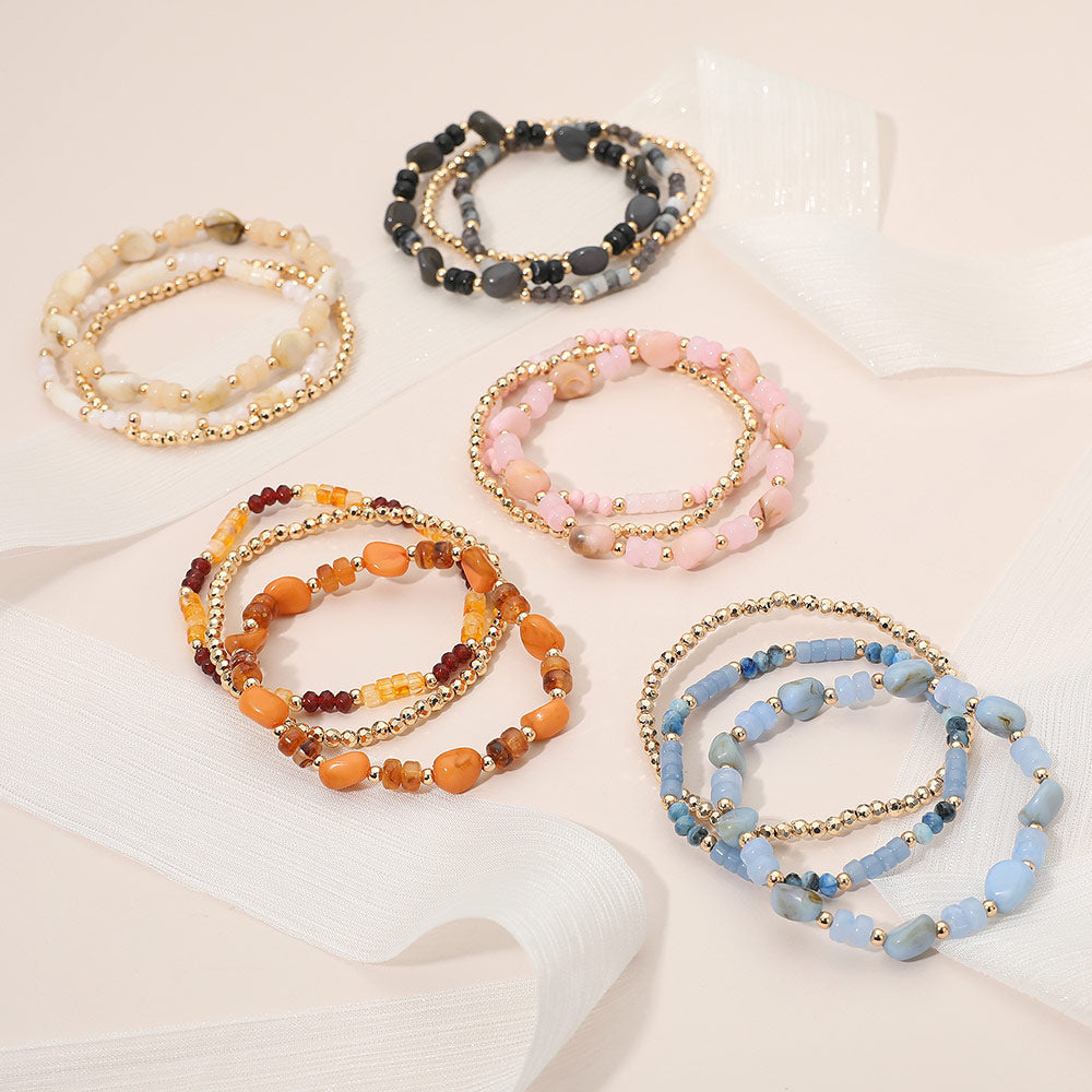 3PCS - Resin Pebble Metal Ball Beaded Stretch Multi Layered Bracelets