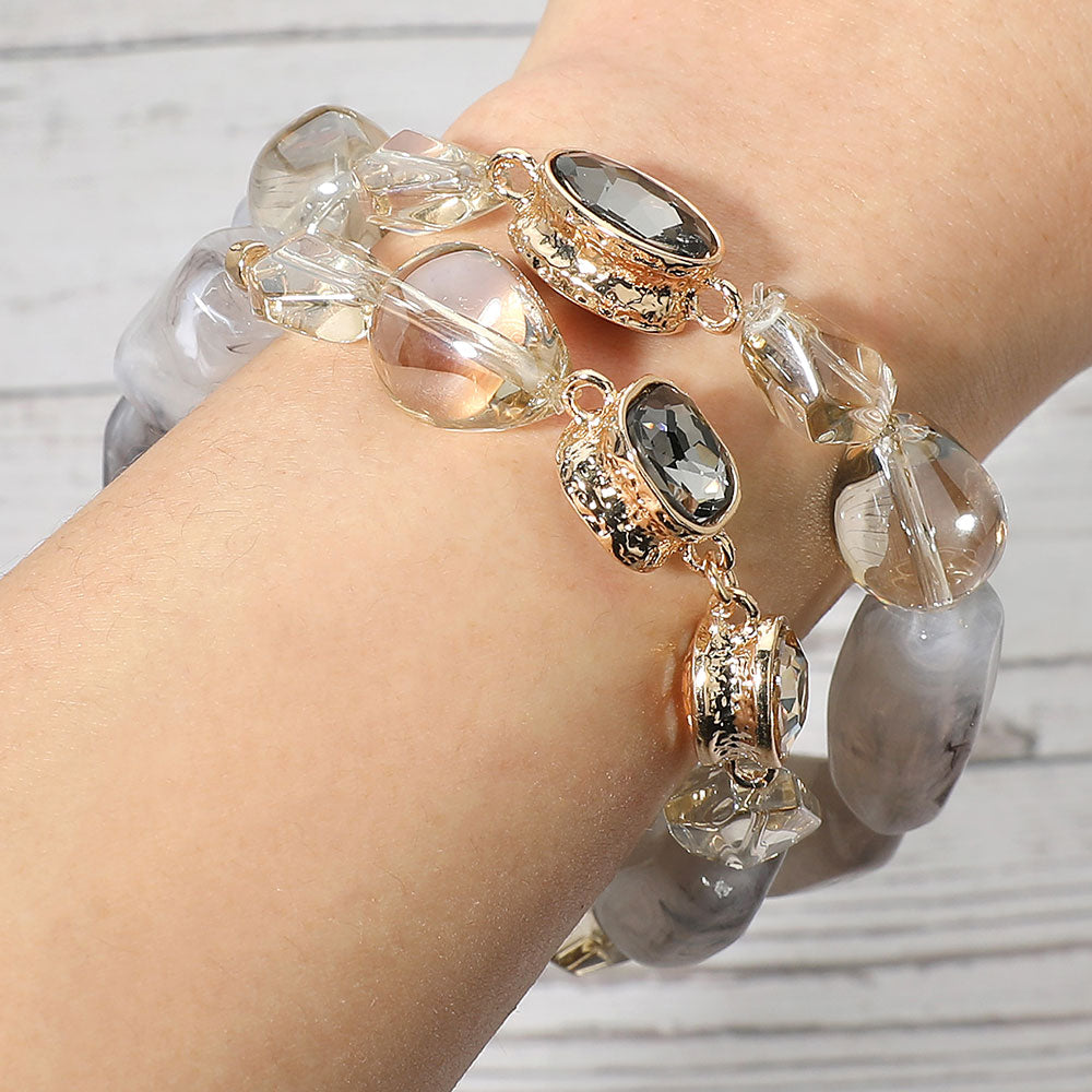 2PCS - Chunky Marbled Resin Pebble Faceted Stone Beaded Stretch Multi Layered Bracelets