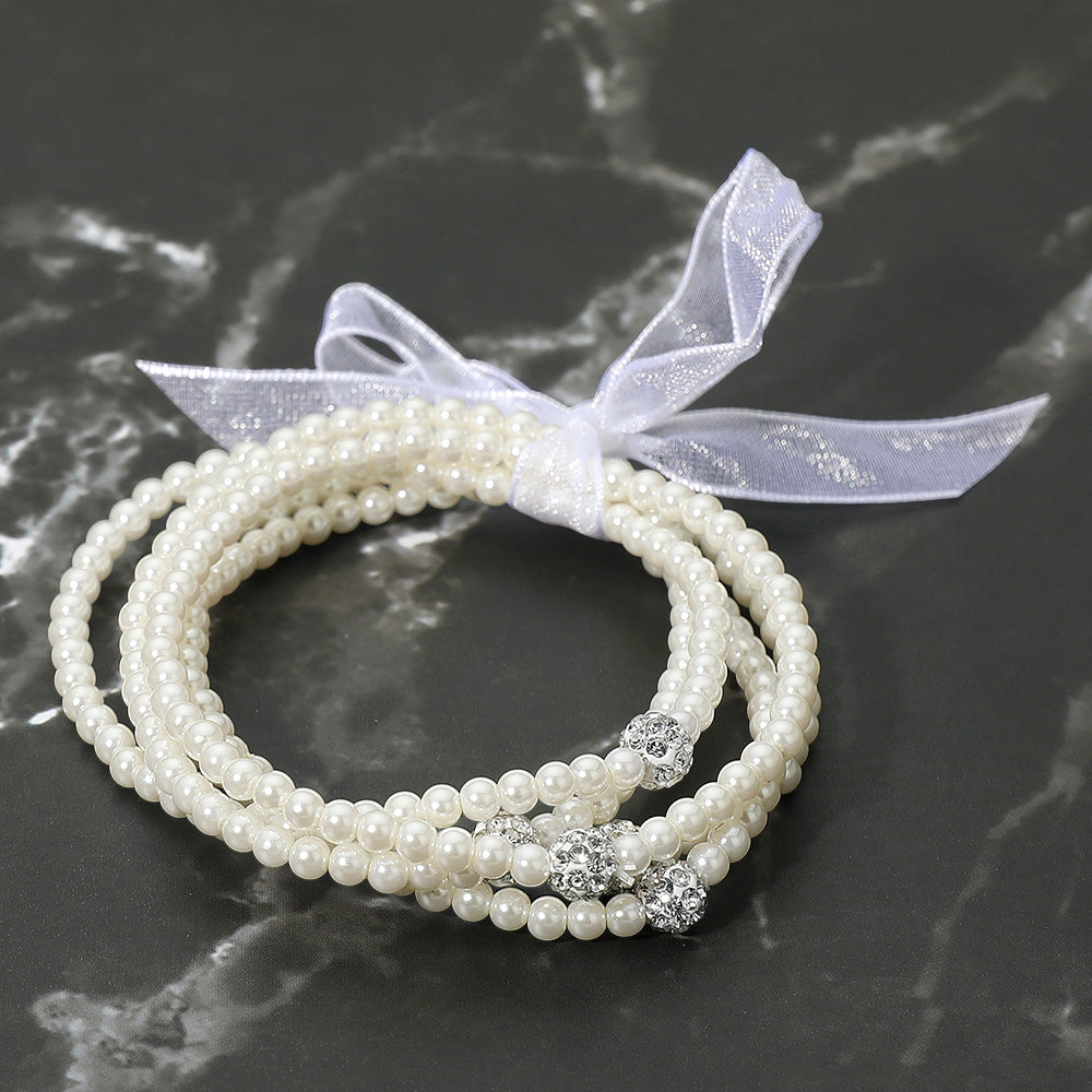 5PCS - Shamballa Ball Accent Pearl Beaded Stretch Multi Layered Bracelets