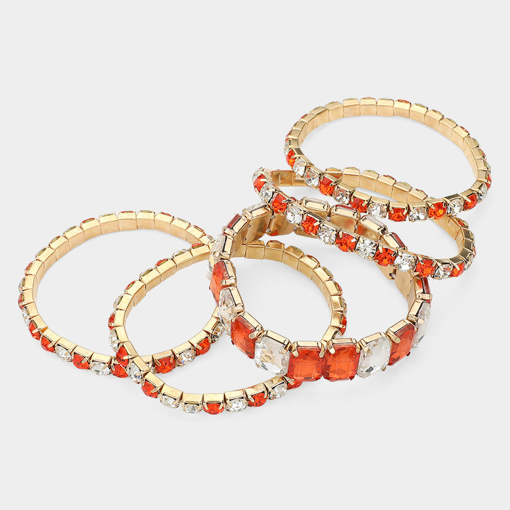 Women's 5Pcs Rectangle Round Stone Stretch Multi Layered Bracelets