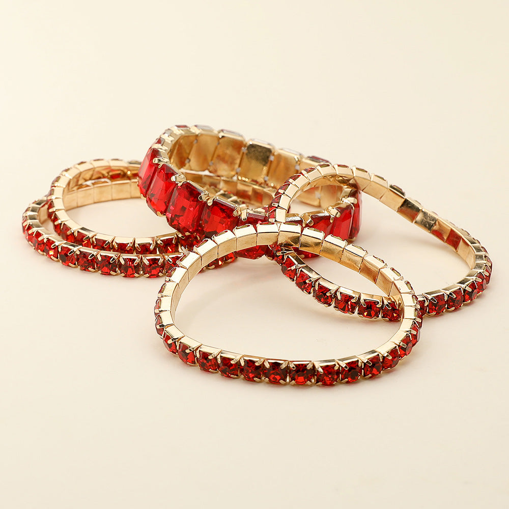 Women's 5Pcs Rectangle Round Stone Stretch Multi Layered Bracelets