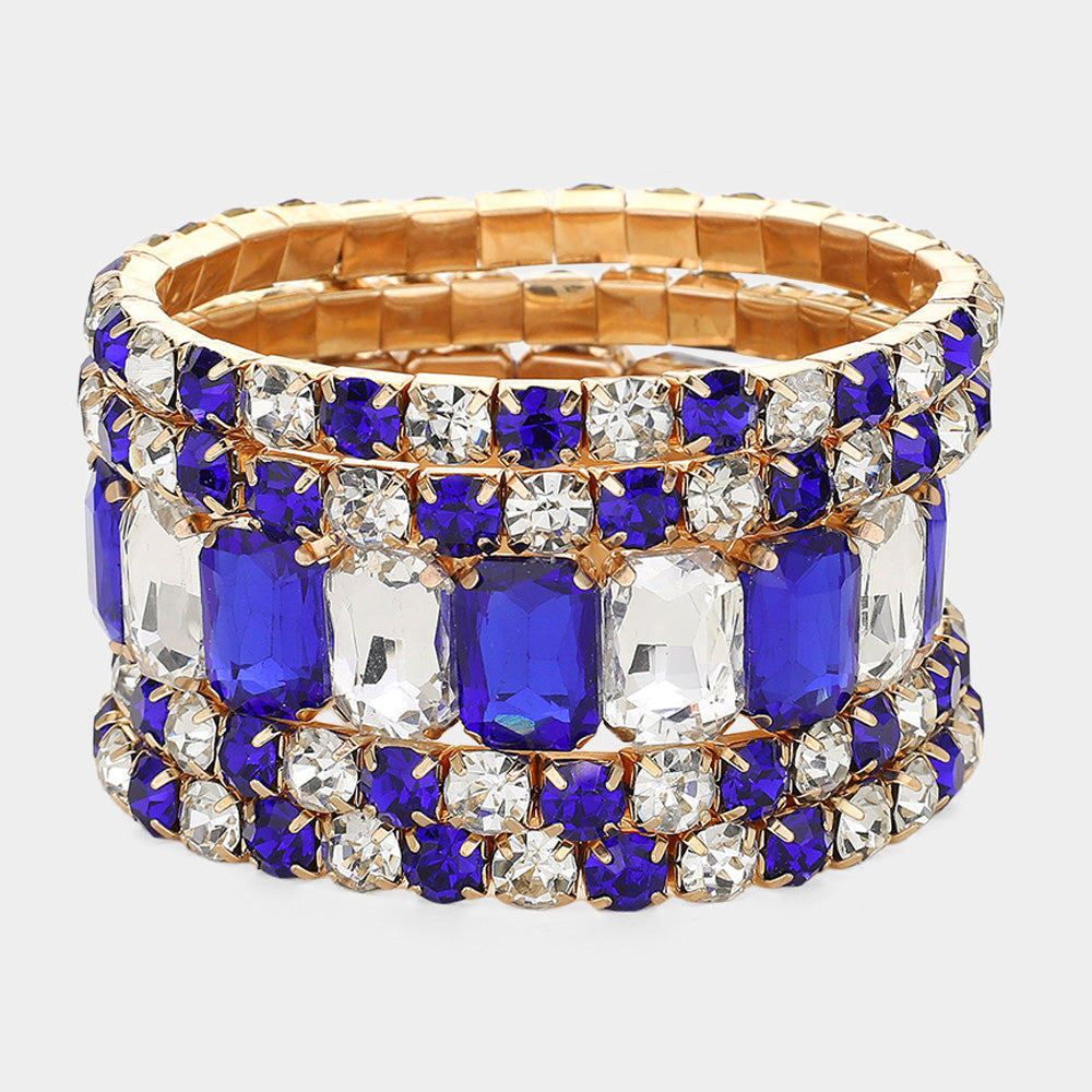 Women's 5Pcs Rectangle Round Stone Stretch Multi Layered Bracelets