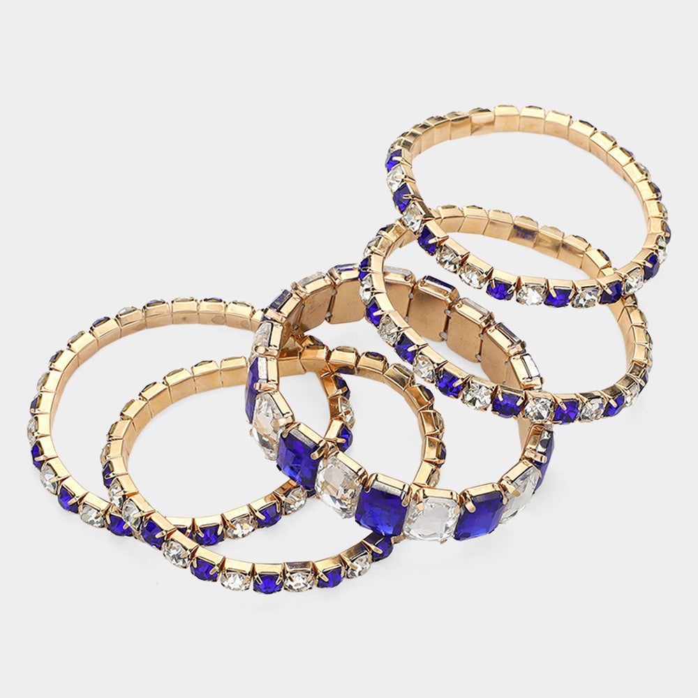 Women's 5Pcs Rectangle Round Stone Stretch Multi Layered Bracelets
