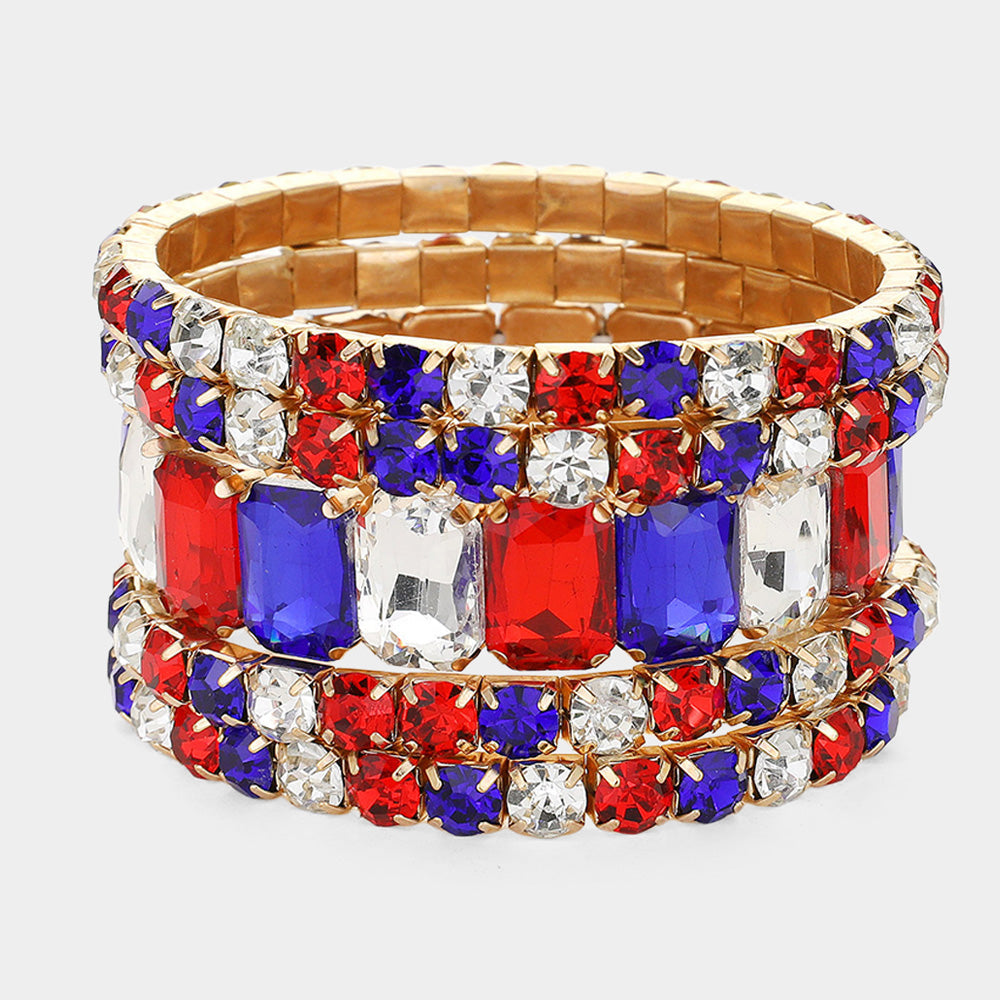 Women's 5Pcs Rectangle Round Stone Stretch Multi Layered Bracelets