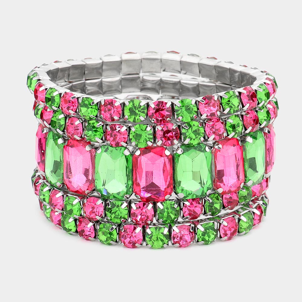 Women's 5Pcs Rectangle Round Stone Stretch Multi Layered Bracelets