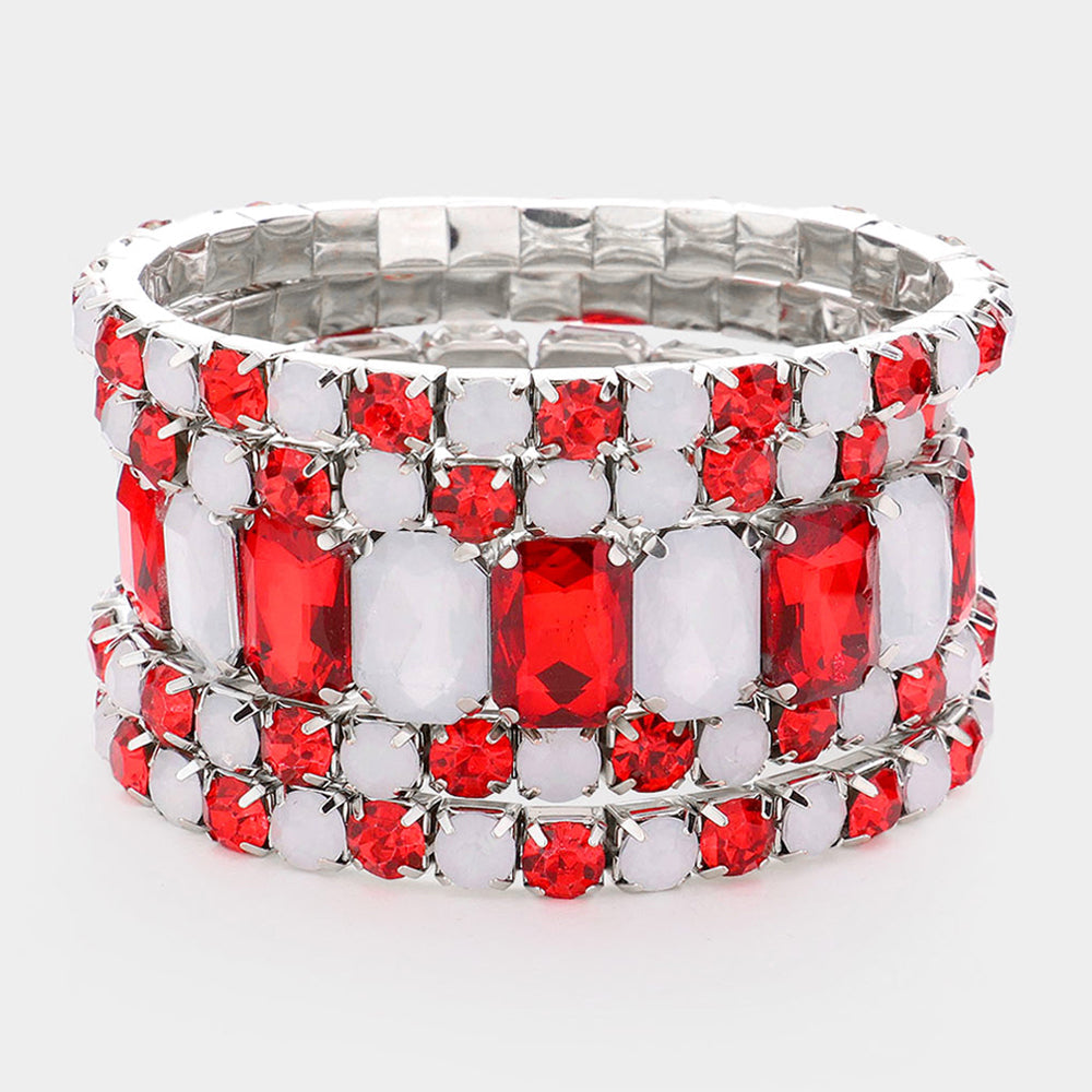 Women's 5Pcs Rectangle Round Stone Stretch Multi Layered Bracelets