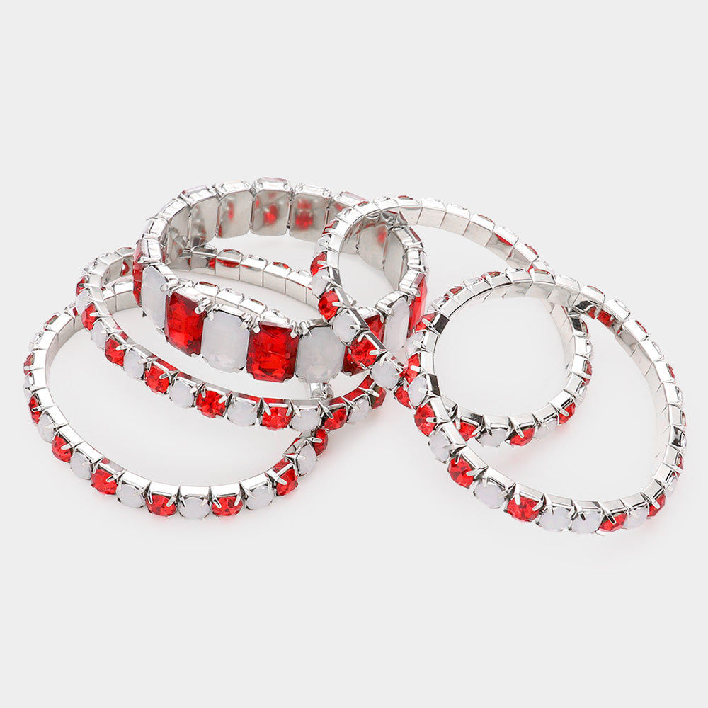 Women's 5Pcs Rectangle Round Stone Stretch Multi Layered Bracelets