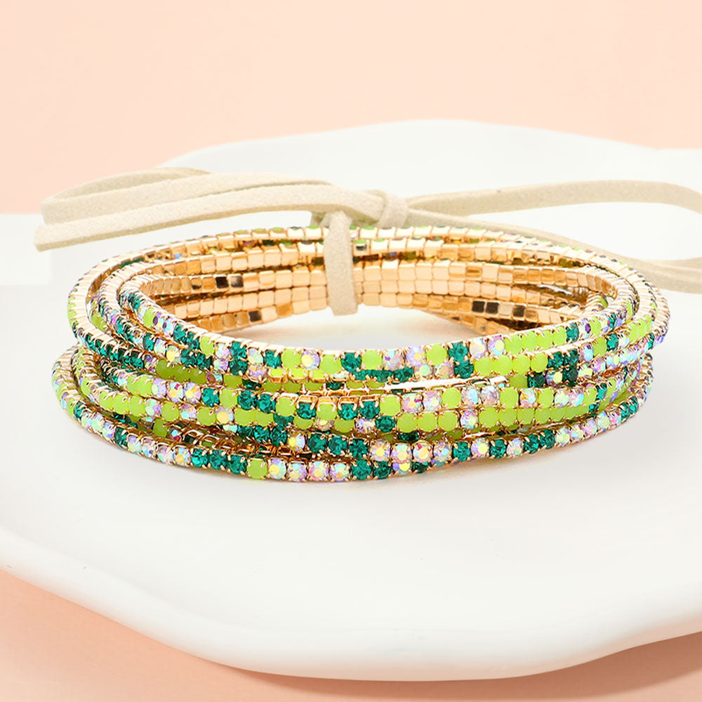 12PCS Ribbon Colorful Rhinestone Layered Stretch Bracelets