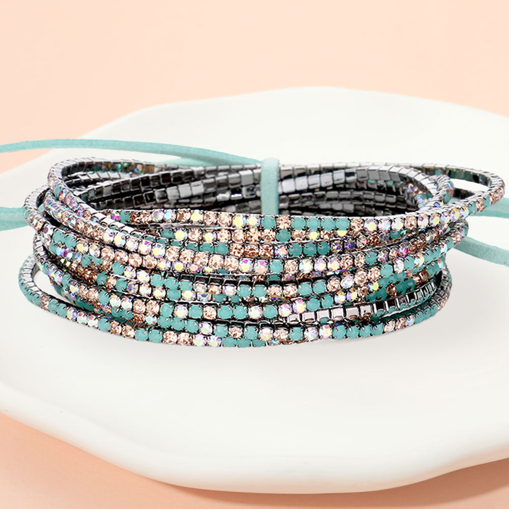 12PCS Ribbon Colorful Rhinestone Layered Stretch Bracelets