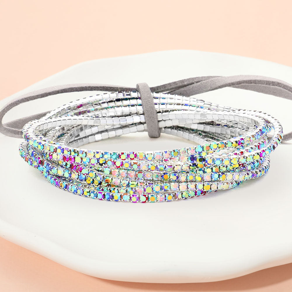 12PCS Ribbon Colorful Rhinestone Layered Stretch Bracelets