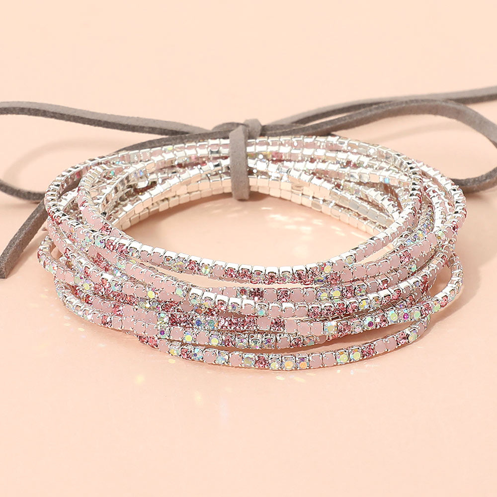 12PCS Ribbon Colorful Rhinestone Layered Stretch Bracelets