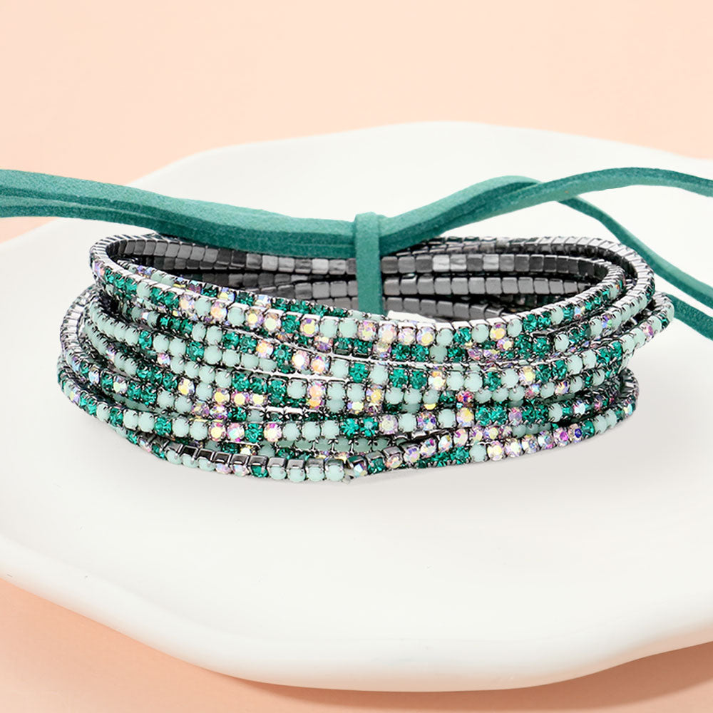 12PCS Ribbon Colorful Rhinestone Layered Stretch Bracelets