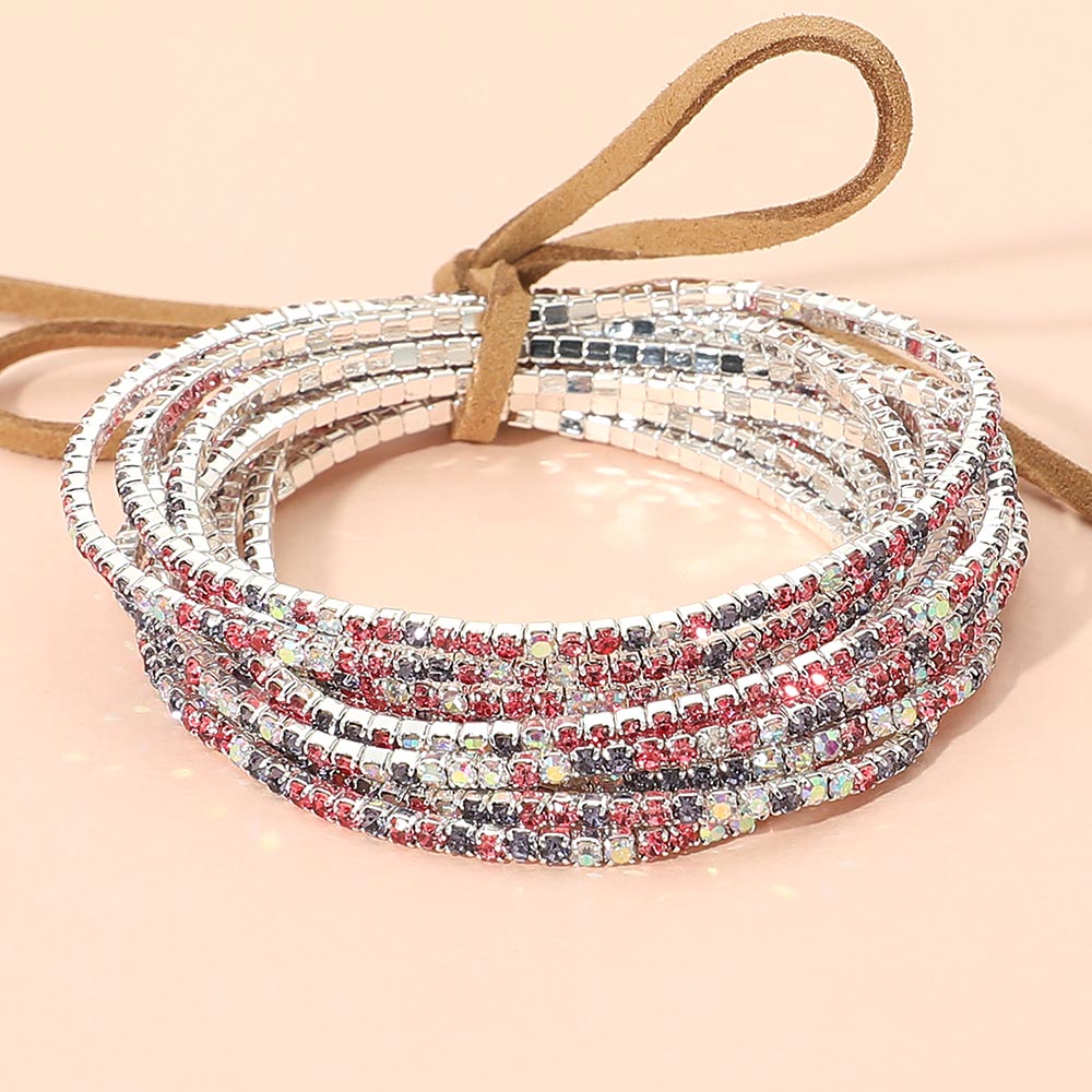 12PCS Ribbon Colorful Rhinestone Layered Stretch Bracelets