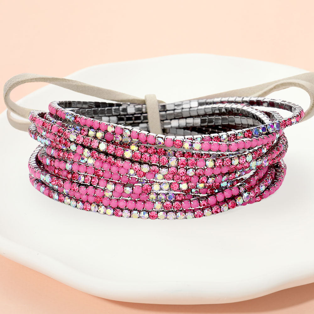 12PCS Ribbon Colorful Rhinestone Layered Stretch Bracelets
