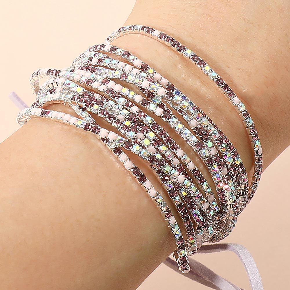 12PCS Ribbon Colorful Rhinestone Layered Stretch Bracelets