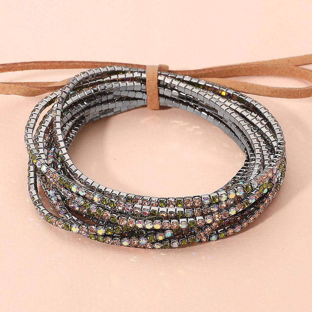12PCS Ribbon Colorful Rhinestone Layered Stretch Bracelets