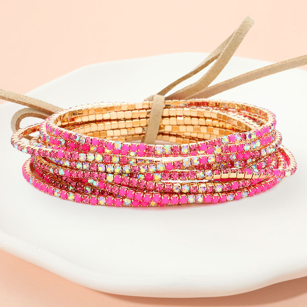 12PCS Ribbon Colorful Rhinestone Layered Stretch Bracelets