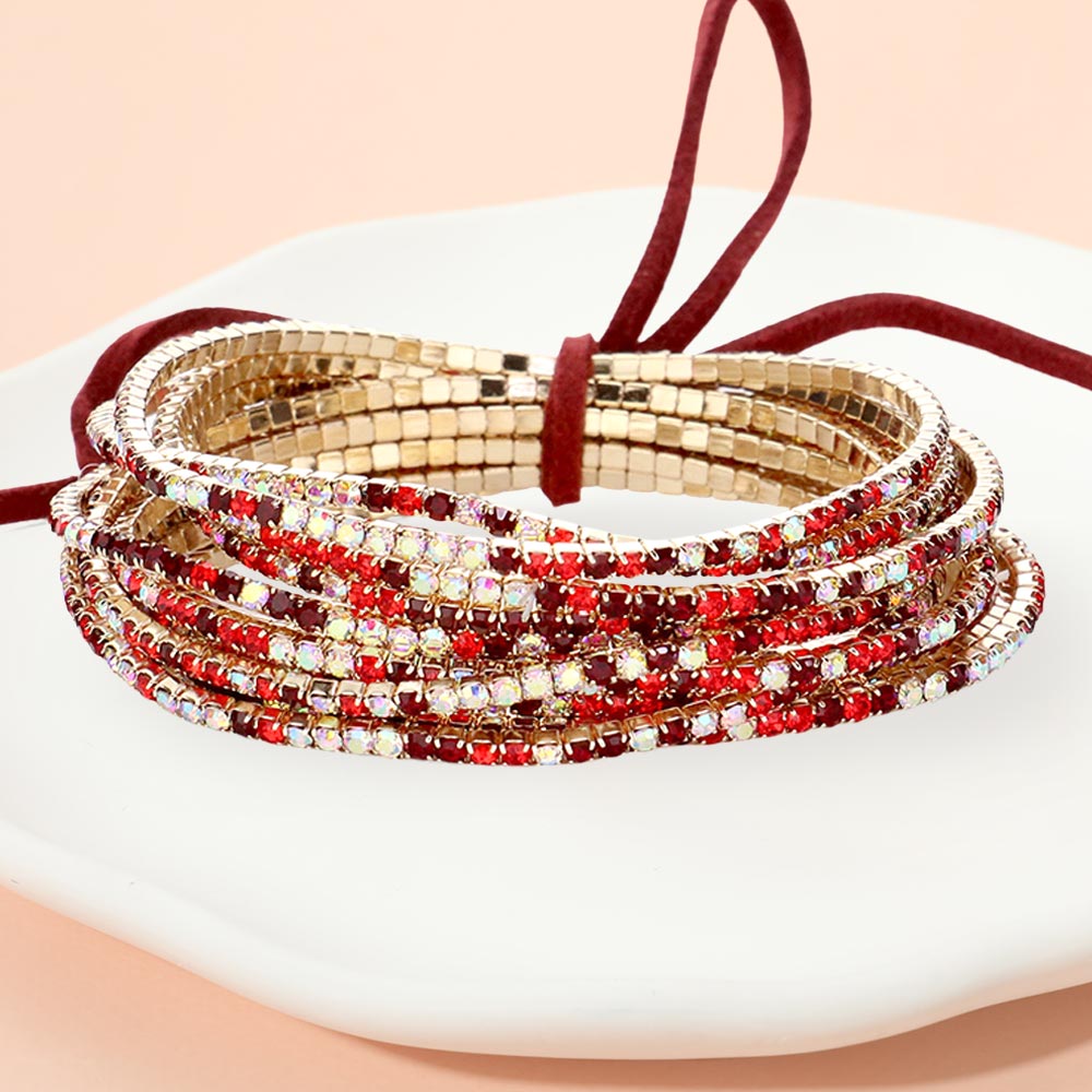 12PCS Ribbon Colorful Rhinestone Layered Stretch Bracelets
