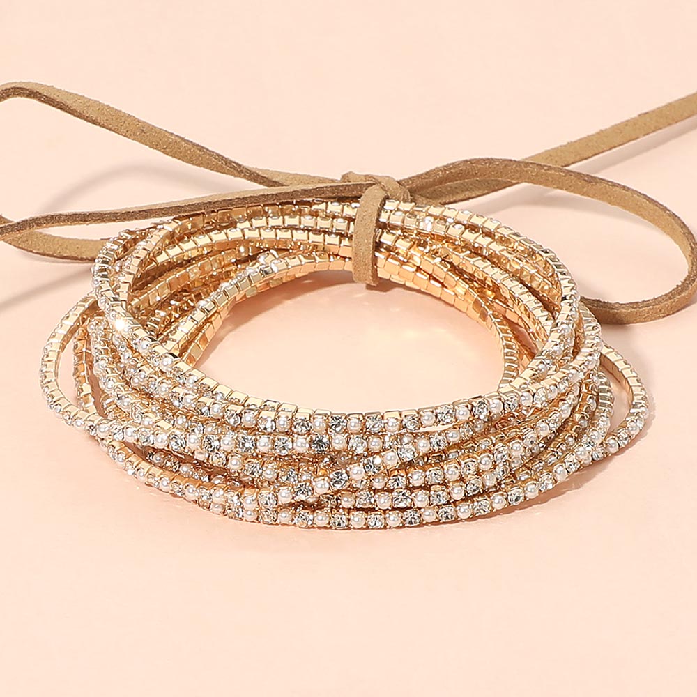 12PCS Ribbon Colorful Rhinestone Layered Stretch Bracelets