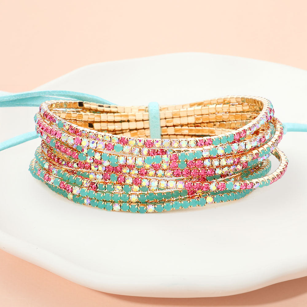 12PCS Ribbon Colorful Rhinestone Layered Stretch Bracelets