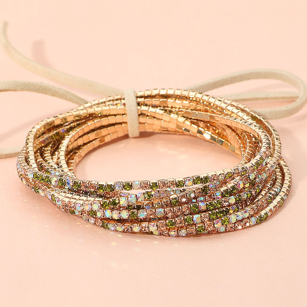 12PCS Ribbon Colorful Rhinestone Layered Stretch Bracelets