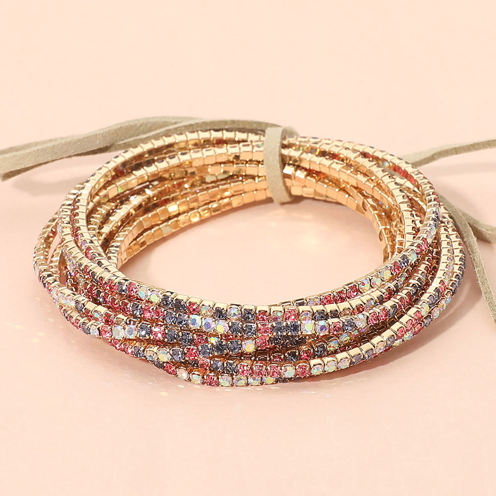12PCS Ribbon Colorful Rhinestone Layered Stretch Bracelets
