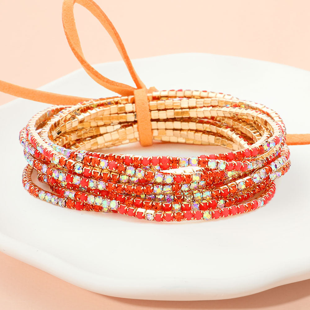 12PCS Ribbon Colorful Rhinestone Layered Stretch Bracelets