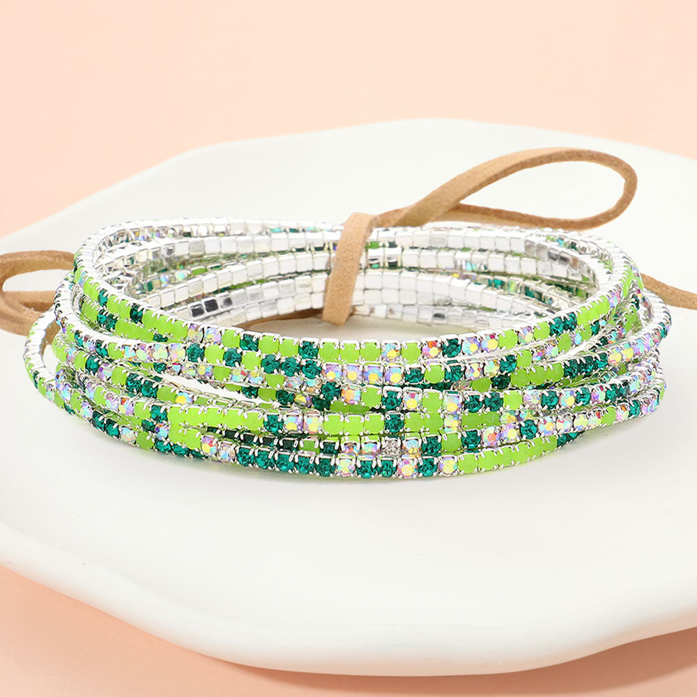 12PCS Ribbon Colorful Rhinestone Layered Stretch Bracelets