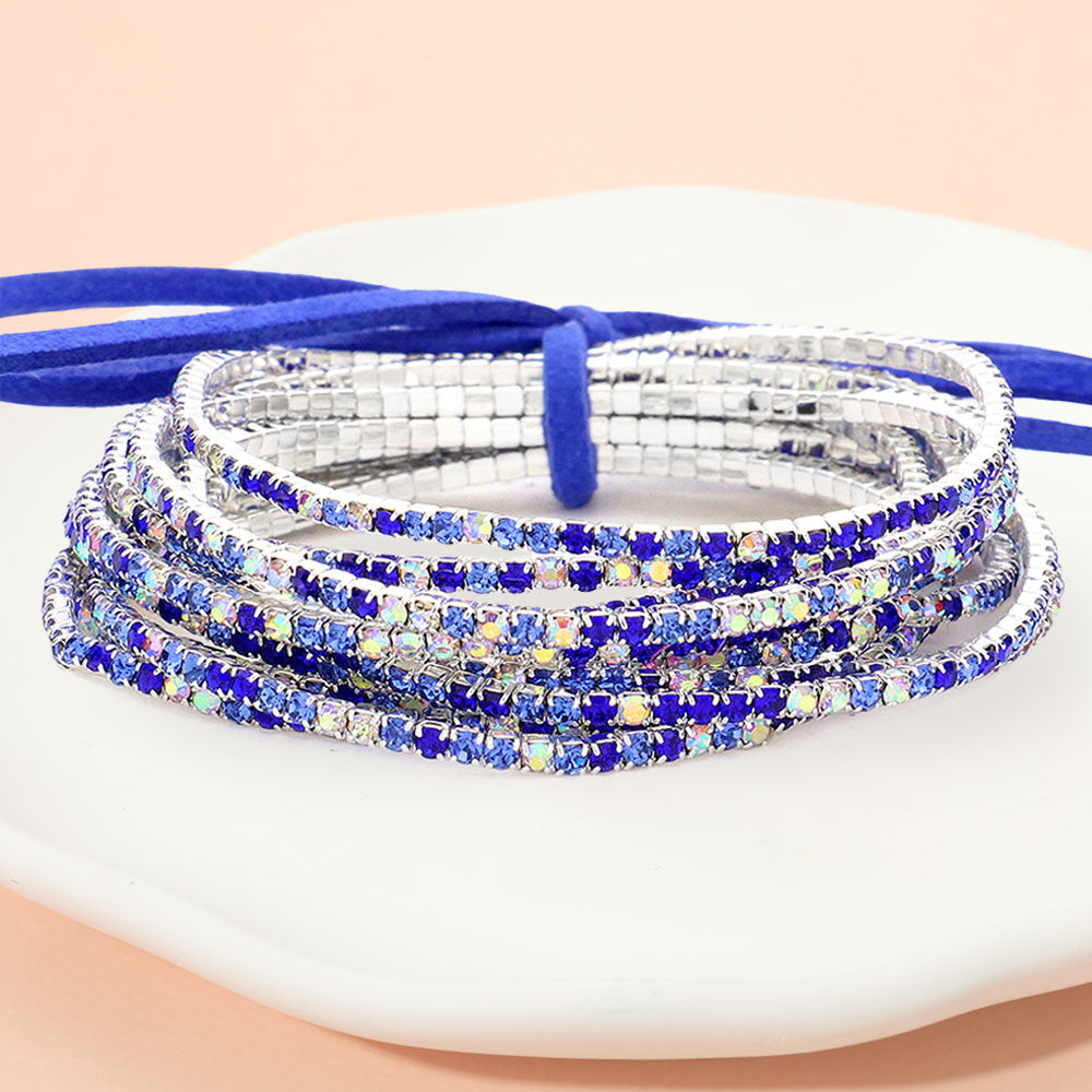 12PCS Ribbon Colorful Rhinestone Layered Stretch Bracelets