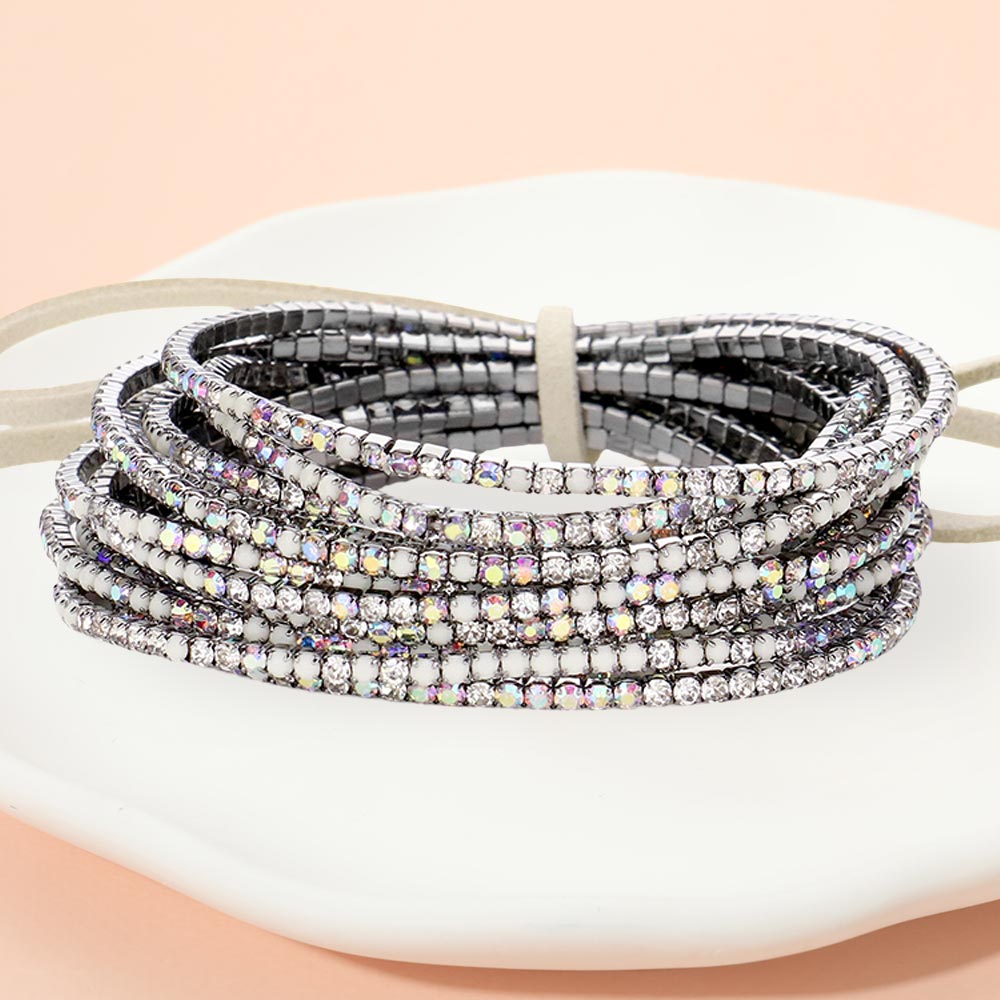 12PCS Ribbon Colorful Rhinestone Layered Stretch Bracelets