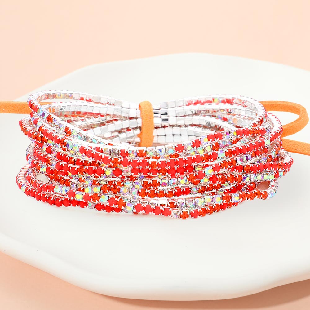 12PCS Ribbon Colorful Rhinestone Layered Stretch Bracelets