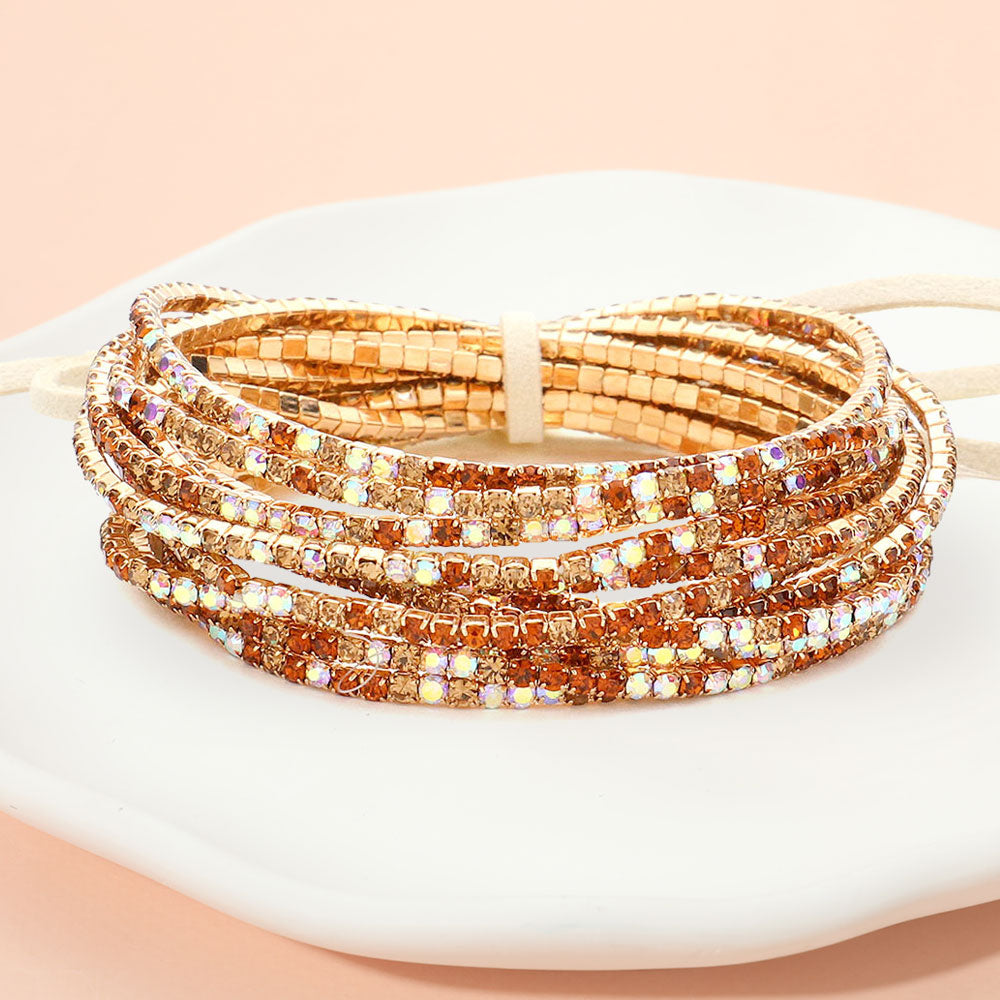 12PCS Ribbon Colorful Rhinestone Layered Stretch Bracelets