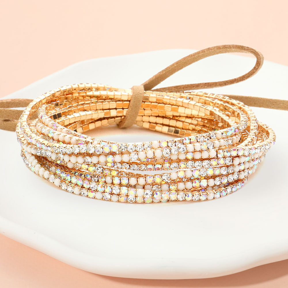 12PCS Ribbon Colorful Rhinestone Layered Stretch Bracelets